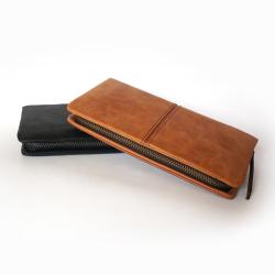 Full grain oil waxy genuine leather long card holder wallet men zipper wallet