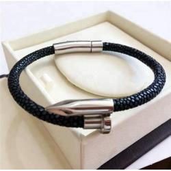 Best Sale Luxury Genuine Stingray Leather Stainless Steel Nail Bracelet