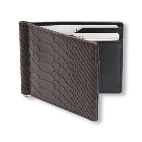 Brown leather crocodile embossed pattern men's money clip wallet minimalist bi-fold wallet