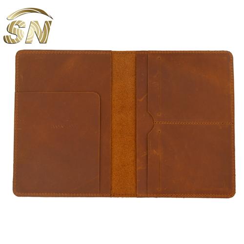 Brown crazy horse genuine leather boarding pass travel portfolio wallet with gift box