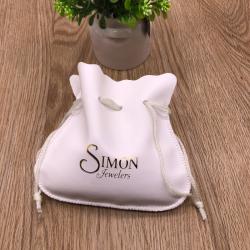Gold Hot Stamped White PU Leather Drawstring Bag For Jewelry