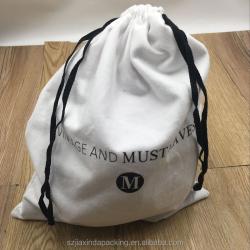 White Cotton Flannel Drawstring Bag With Black String