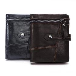 Vintage motorcycle man leather splicing short cowhide leather wallet with zipper