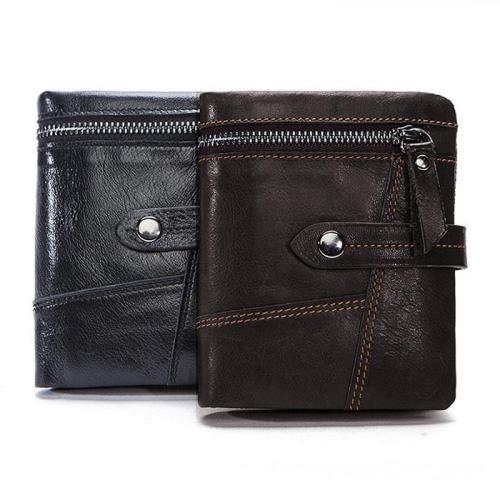 Vintage motorcycle man leather splicing short cowhide leather wallet with zipper
