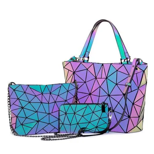 Lovevook women handbags 3 pcs bag set crossbody bags for women Geometric luminous reflective shoulder bag for ladies