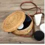 Custom Hand made Bali Fashion Rattan Braided Women Small Round Shape Slanted Crossbody Shoulder Bag With Leather Shoulder Strap