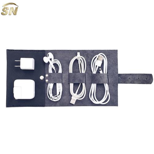 Handmade custom logo emboss cord organizer leather earbud holder