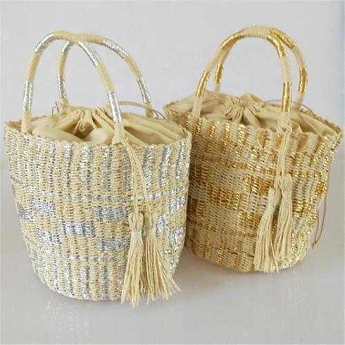 Fashionable Gold And Silver Bucket Woven Straw Shoulder Bag Women Hand-woven Summer Beach Bags