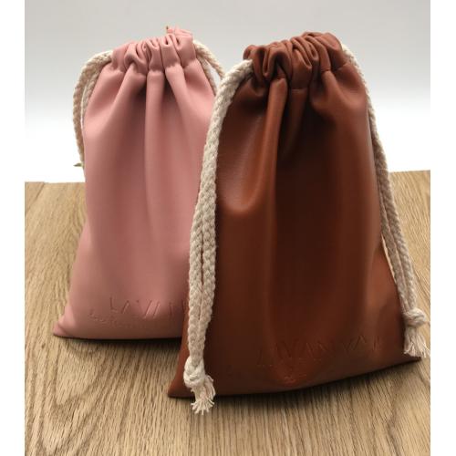 Custom Pink Brown Faux Leather Drawstring Pouch