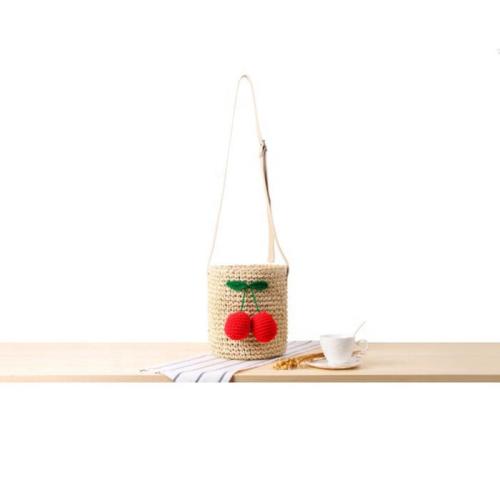Korean Hand-made Cute Cherry Ball Single Shoulder Bag Beach Bag Holiday Rattan Straw Woven Summer Bags
