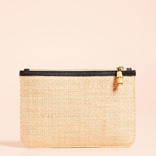 Fashion eco friendly straw fabric tassel zipper pouch makeup bags for women
