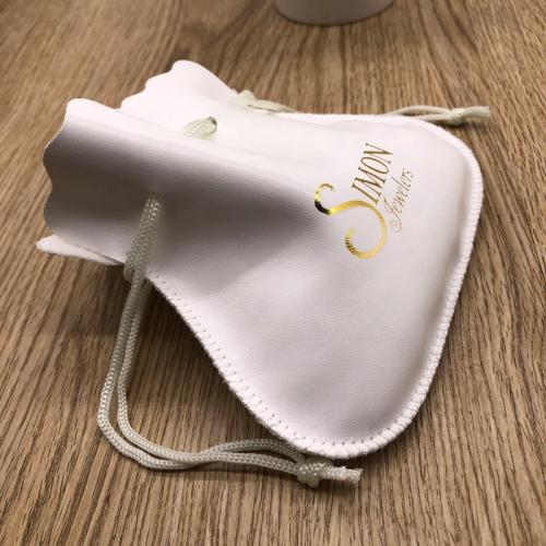 Gold Hot Stamped White PU Leather Drawstring Bag For Jewelry