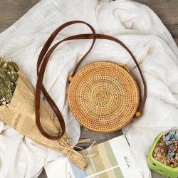 Custom Hand made Bali Fashion Rattan Braided Women Small Round Shape Slanted Crossbody Shoulder Bag With Leather Shoulder Strap