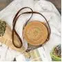 Custom Hand made Bali Fashion Rattan Braided Women Small Round Shape Slanted Crossbody Shoulder Bag With Leather Shoulder Strap