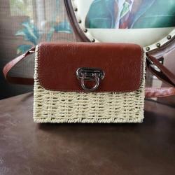 Women's Retro Rattan Straw Weave Mini Cross body Bags PU Leather Quilted Shoulder Bag