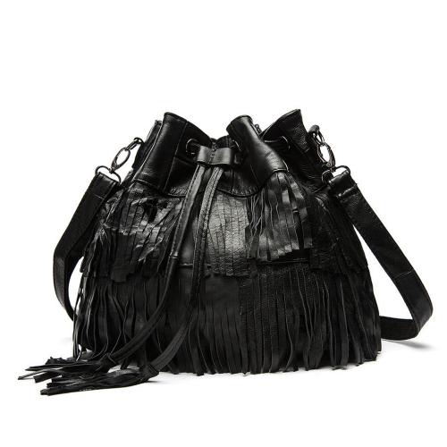 online shopping free shipping tassel bucket drawstring women leather shoulder crossbody bag