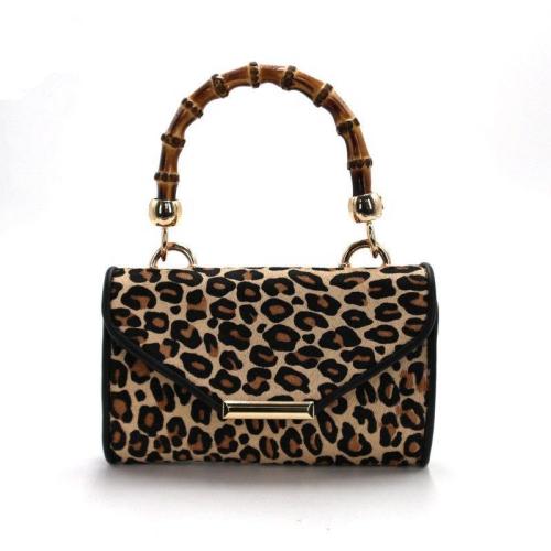 2024 Wholesale Horse Fur Mini Bag Handbag For Ladies Women With Leopard Bamboo Handle